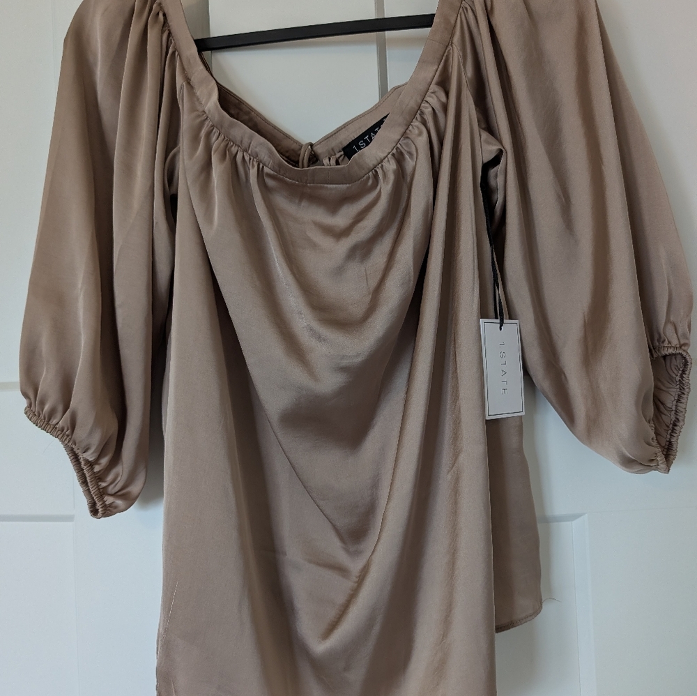 1. State Satin-Look Taupe Peasant Blouse
